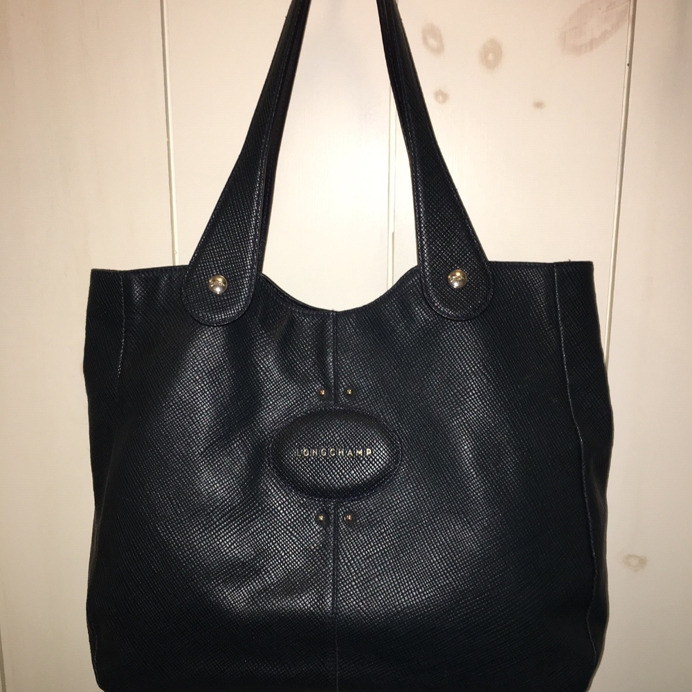 Longchamp deep navy/black textured leather tote.